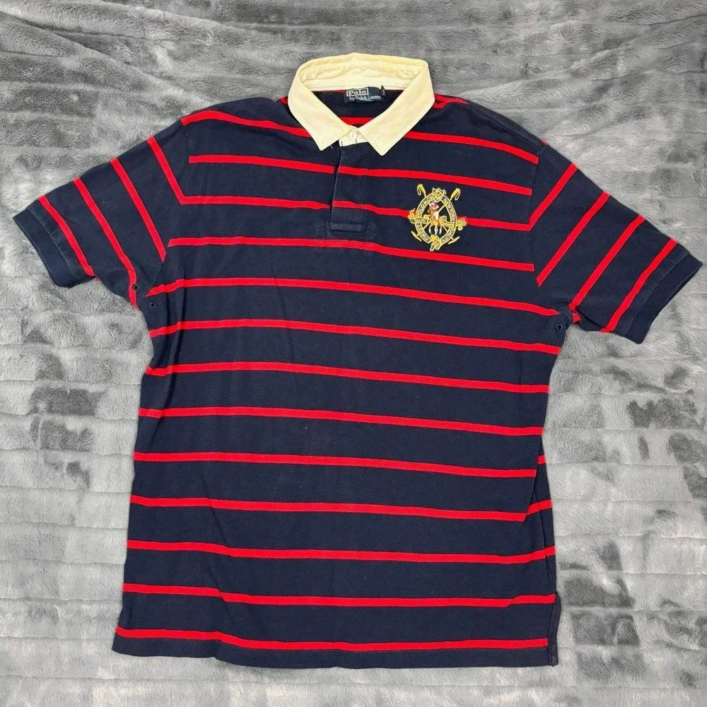 Polo Ralph Lauren Mens XL Crest Rugby Polo Shirt Navy Red Striped Short Sleeve
